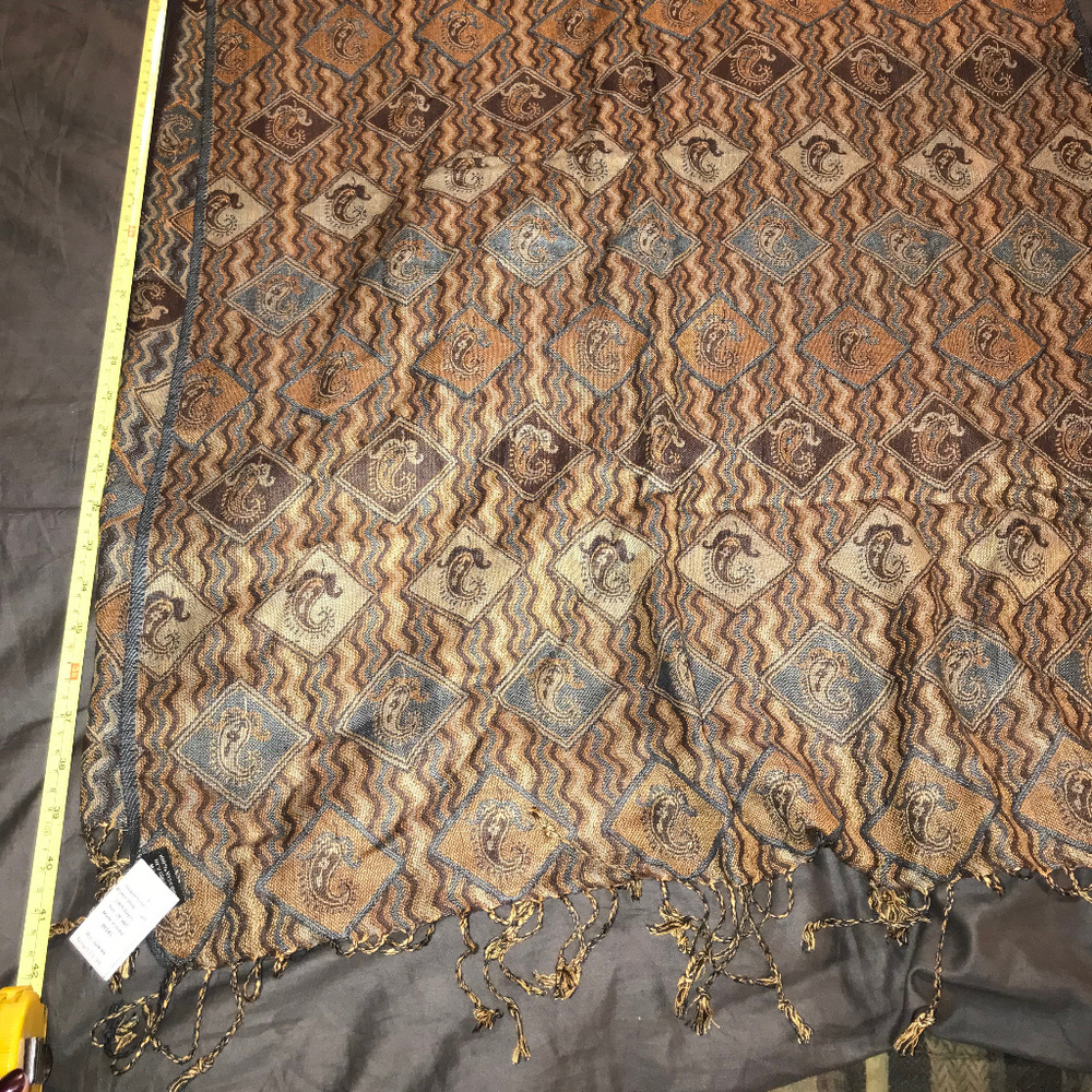 Thai Silk and Co shawl/scarf/wrap tan & blue geo.